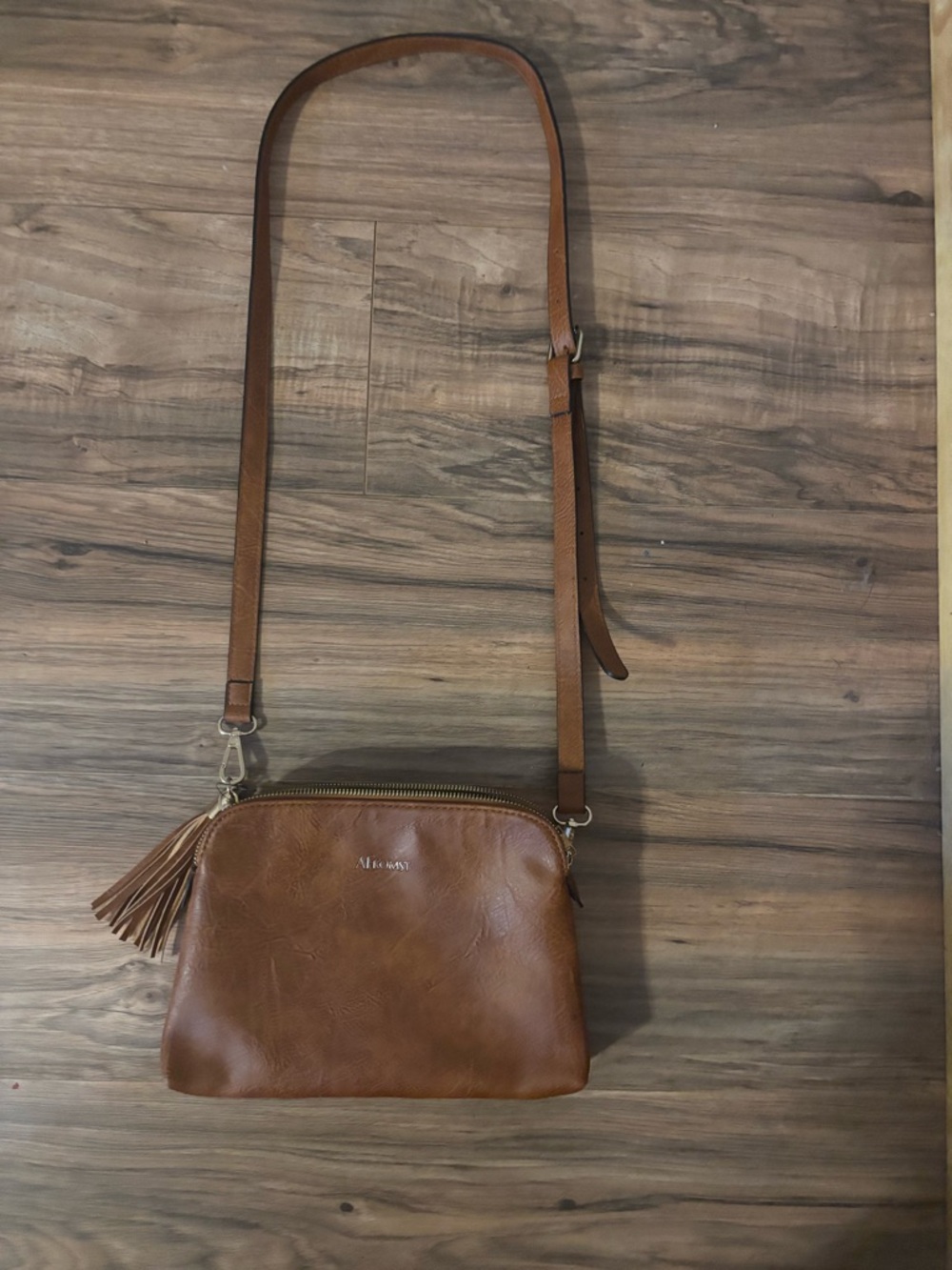 Brown Leather-Look Crossbody Bag with Tassel Accent